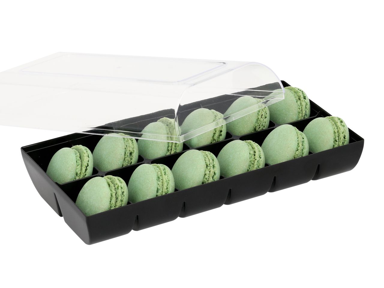 Macaron-Halbschalen, 24 Stück grün in 12er Box schwarz