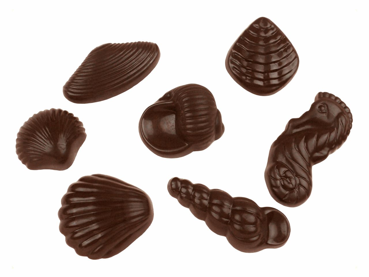 Schokoladenform: Meeresfrüchte, Kunststoff, transparent, 22 Mulden mit 9 Motiven