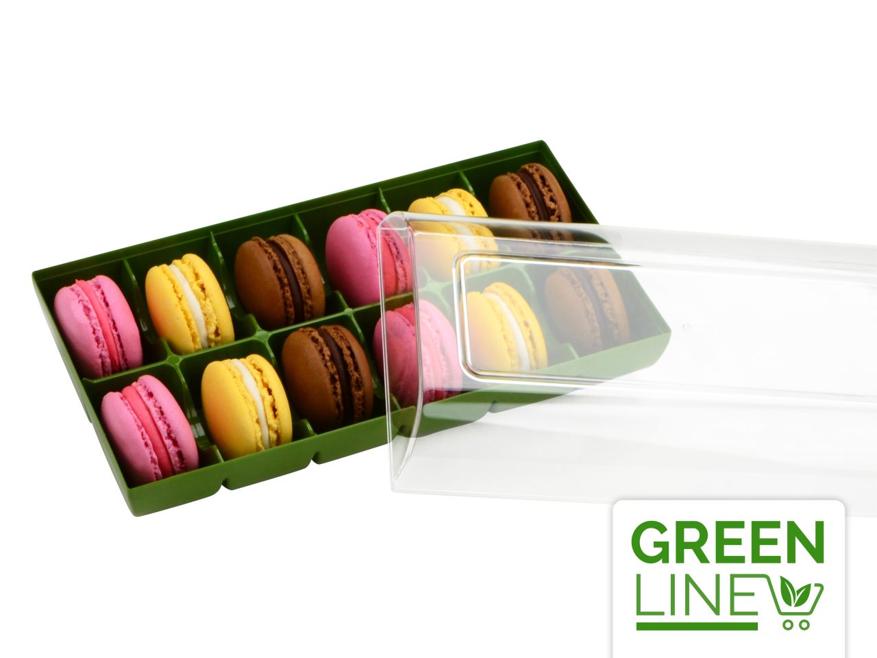 Macarons-Verpackung: Grün, Kunststoff, Olive & transparent, für 12 Macarons, 18,4 x 9,4 x 5,3 cm