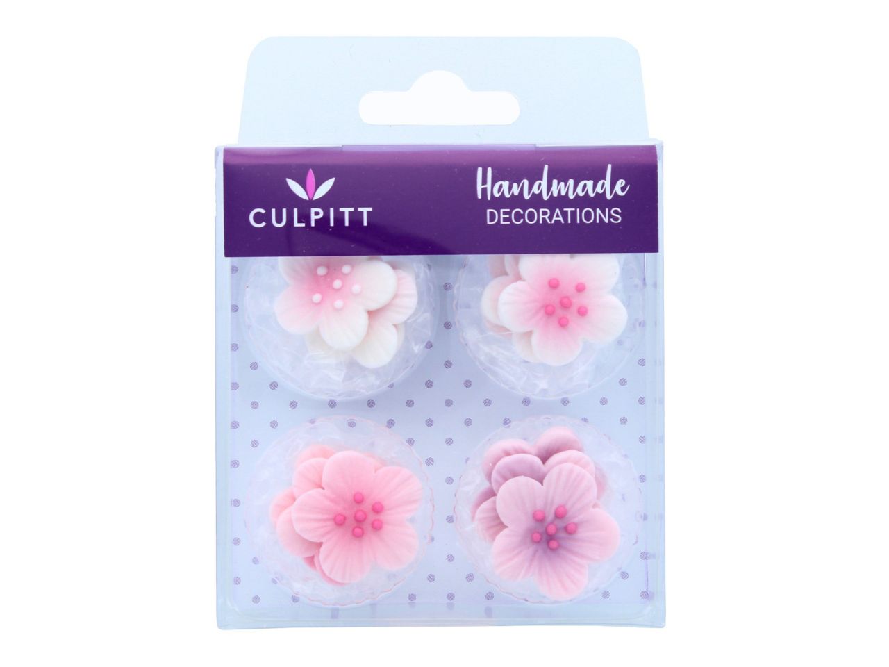 Culpitt: Zuckerblüten Cupcake-Blumen, 3 Designs, Pink, Lila & Weiß, 12er-Pack, 24 mm