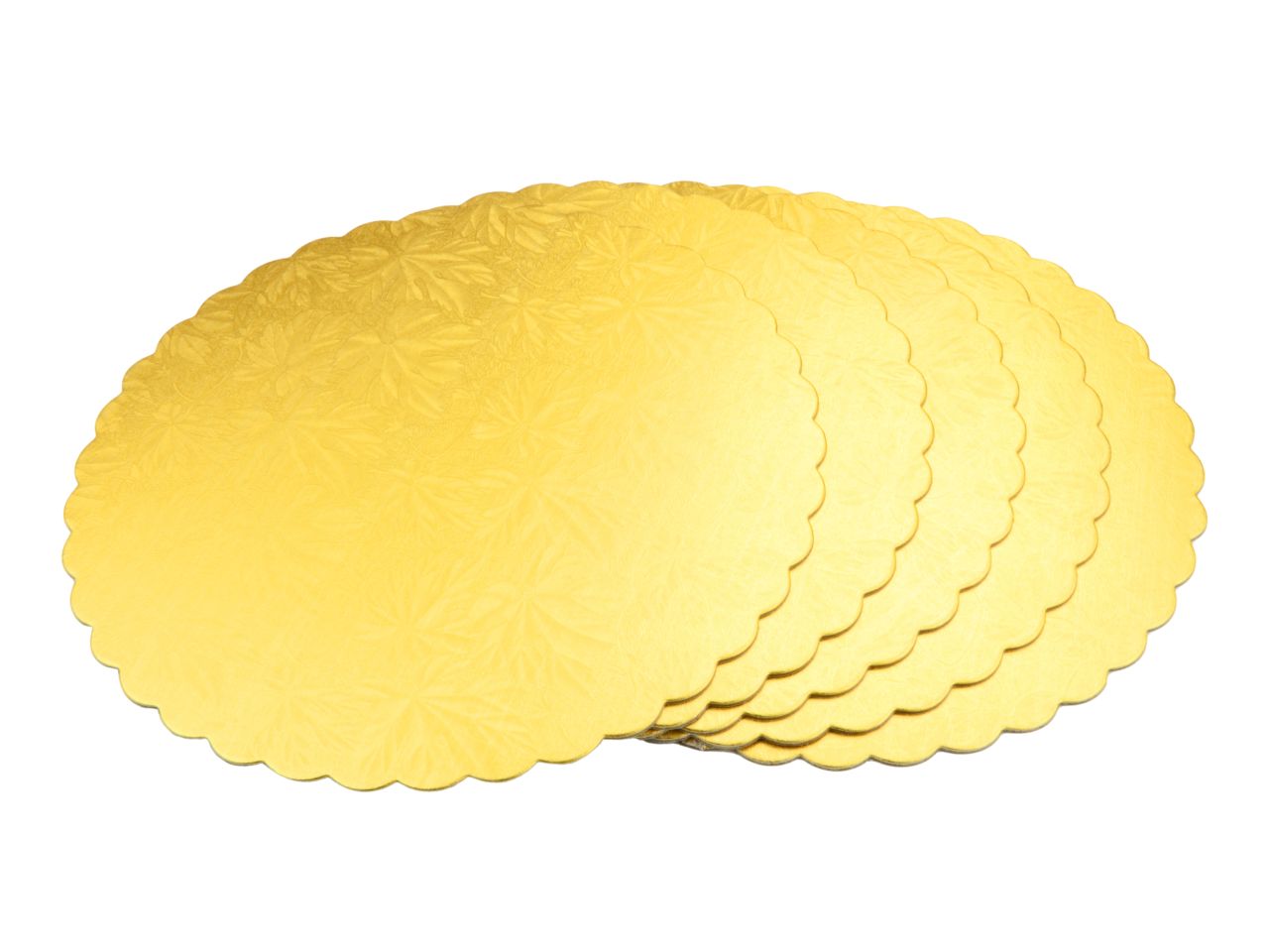 Cakeboard: Gold mit Blatt-Dekor, 5 Stück à 22 cm, 1,5 mm