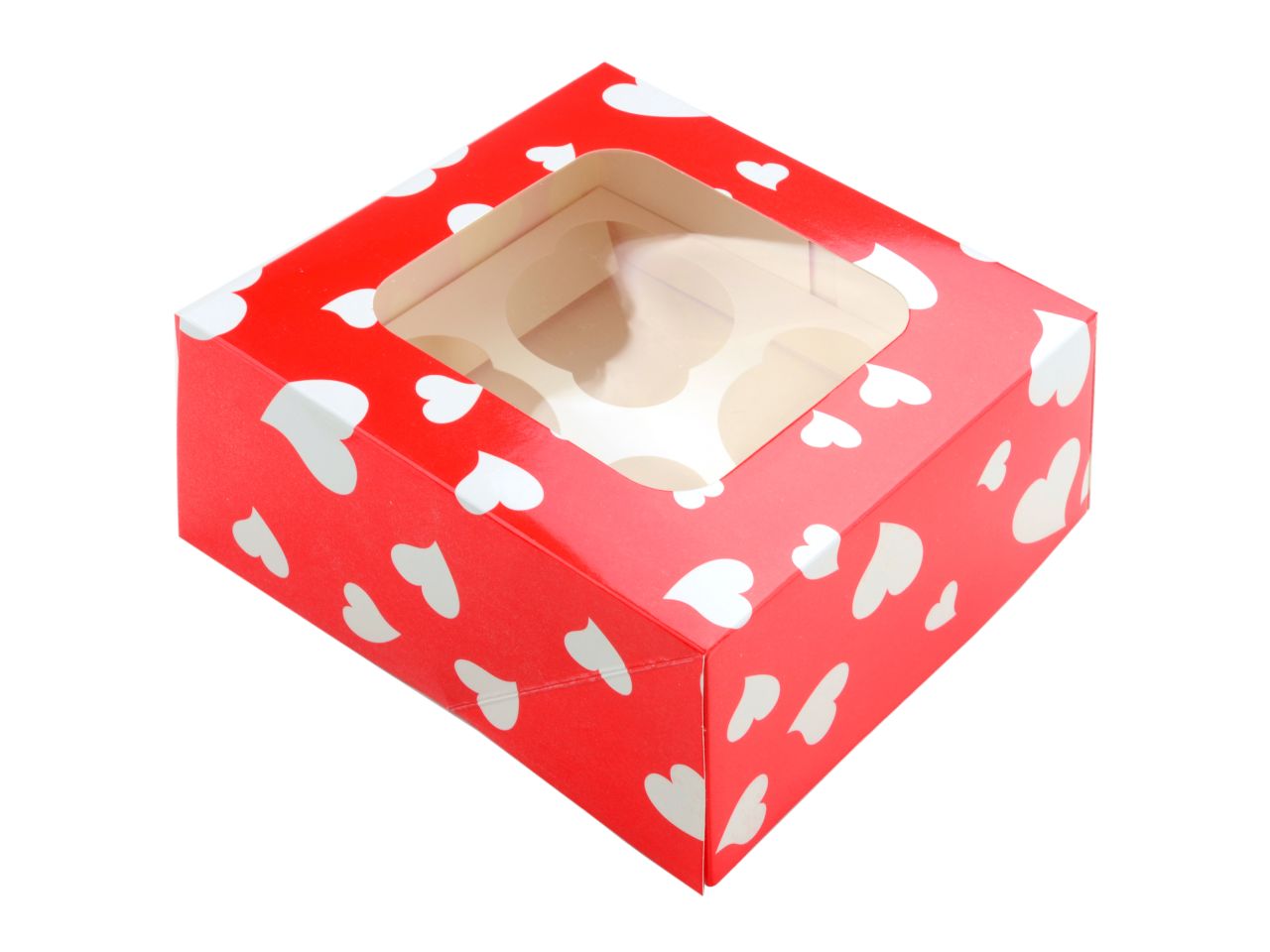 Cupcake Box: Herzen, mit Einsatz für 4 Muffins, Pappe, Rot-Weiß, 2er-Set á 16 x 16 x 7,5 cm