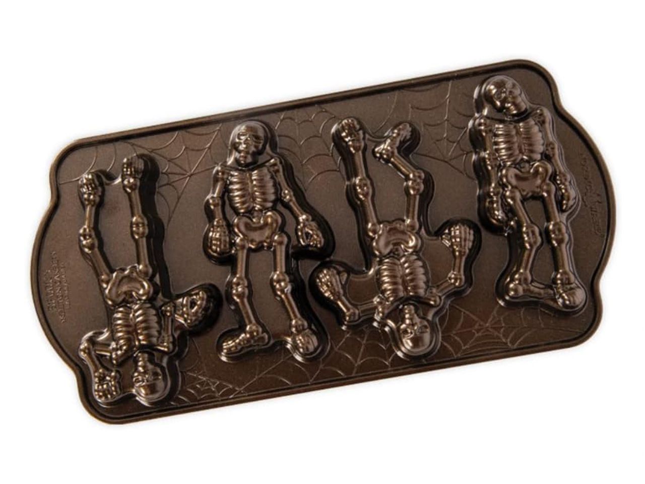 Nordic Ware: Aluguss-Backform Spooky Skeleton Cakelet, Antihaft, 400 ml, 4 Mulden à 14,5 x 5,5-10 x 2,5 cm