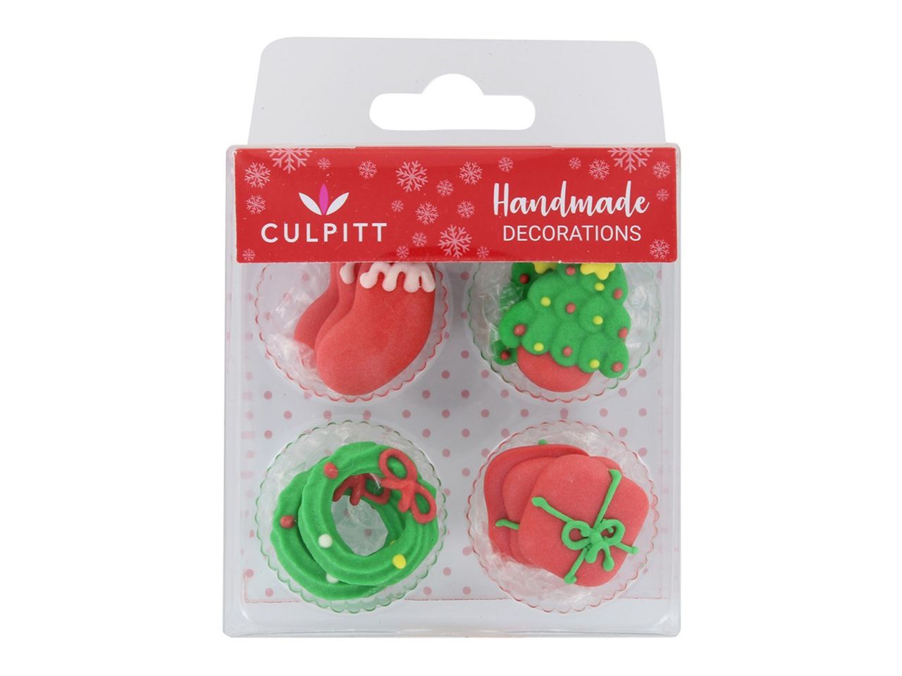 CULPITT Zuckerdekor: Weihnachten, Royal Icing, 4 Designs, Rot & Grün, 12 Stück à 2,5 cm