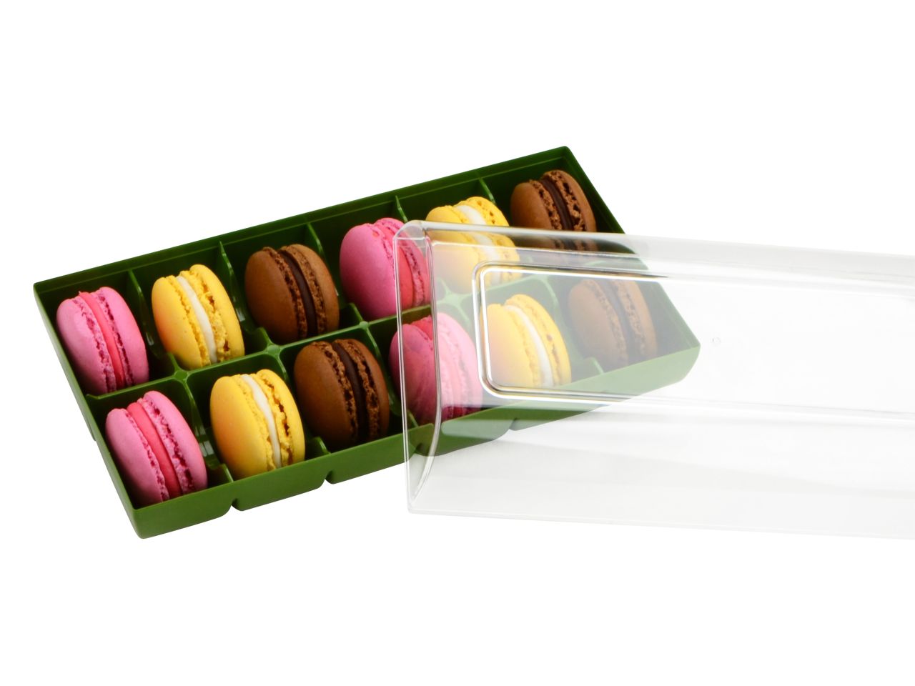 Macarons-Verpackung: Grün, Kunststoff, Olive & transparent, für 12 Macarons, 18,4 x 9,4 x 5,3 cm