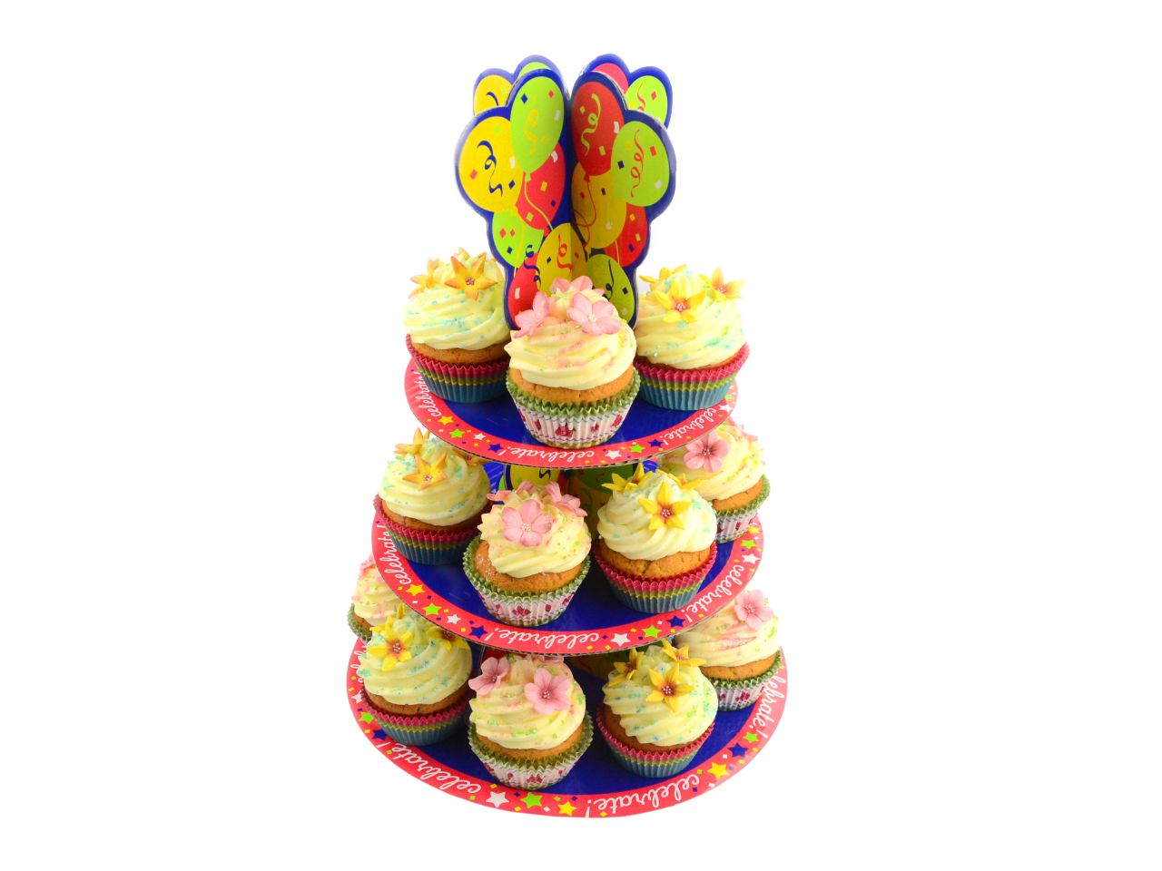 Cupcake-Etagere: Happy Birthday, Karton, bunt, 30 x 45 cm