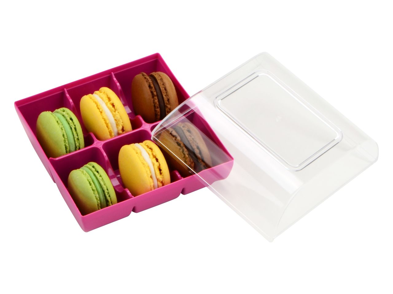 Macarons-Verpackung: Fuchsia, Kunststoff, Violett & transparent, für 6Macarons, 9,9 x 9,4 x 5,3 cm