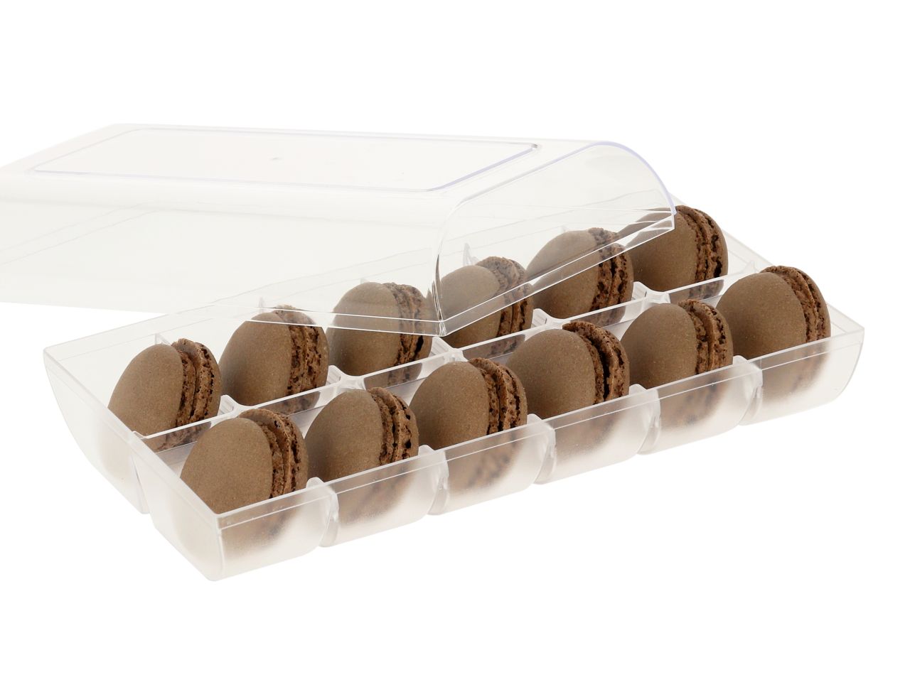 Macaron-Halbschalen, 24 Stück braun in 12er Box transparent