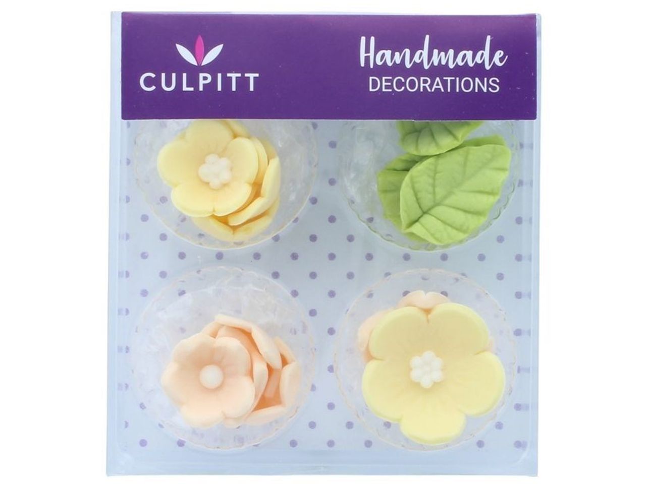 Culpitt: Zuckerdekor Blumen & Blätter Pastell, Gelb, Apricot & Hellgrün, 15-25 mm, 16 Stück