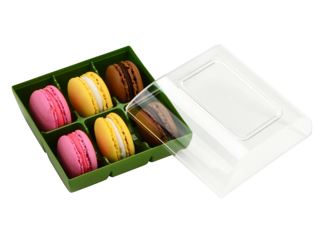 Macarons-Verpackung: Grün, Kunststoff, Olive & transparent, für 6 Macarons, 9,9 x 9,4 x 5,3 cm