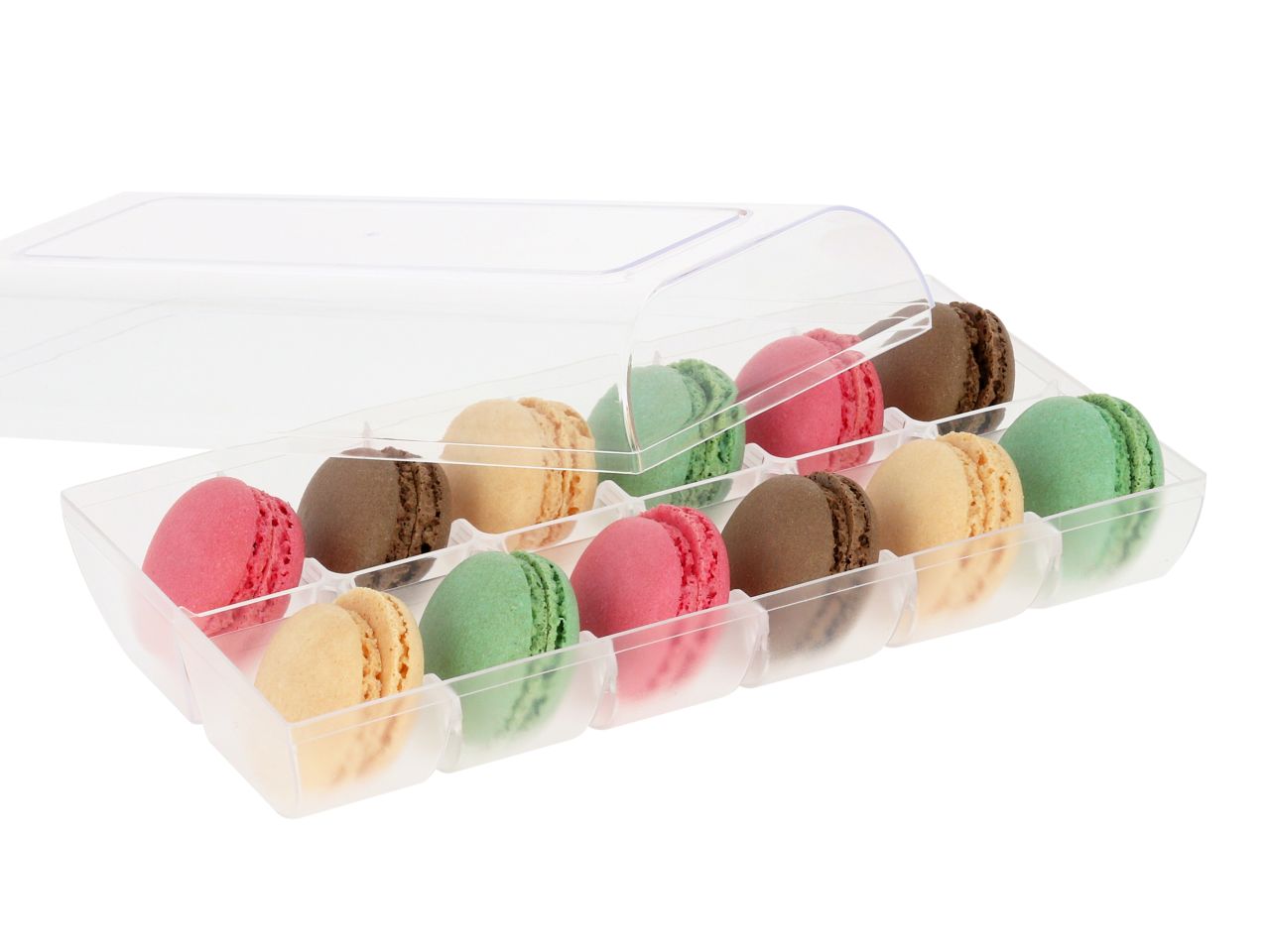 Macaron-Halbschalen, 24 Stück bunt in 12er Box transparent