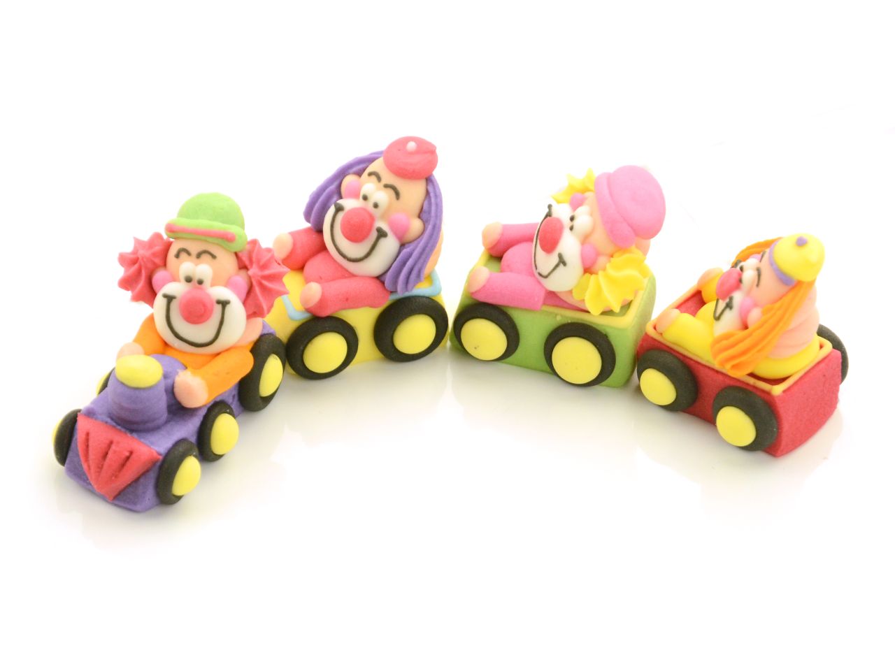Zuckerfiguren Clowns im Zug, 4 Farben, 4 Stück à 40 x 25 x 35 mm