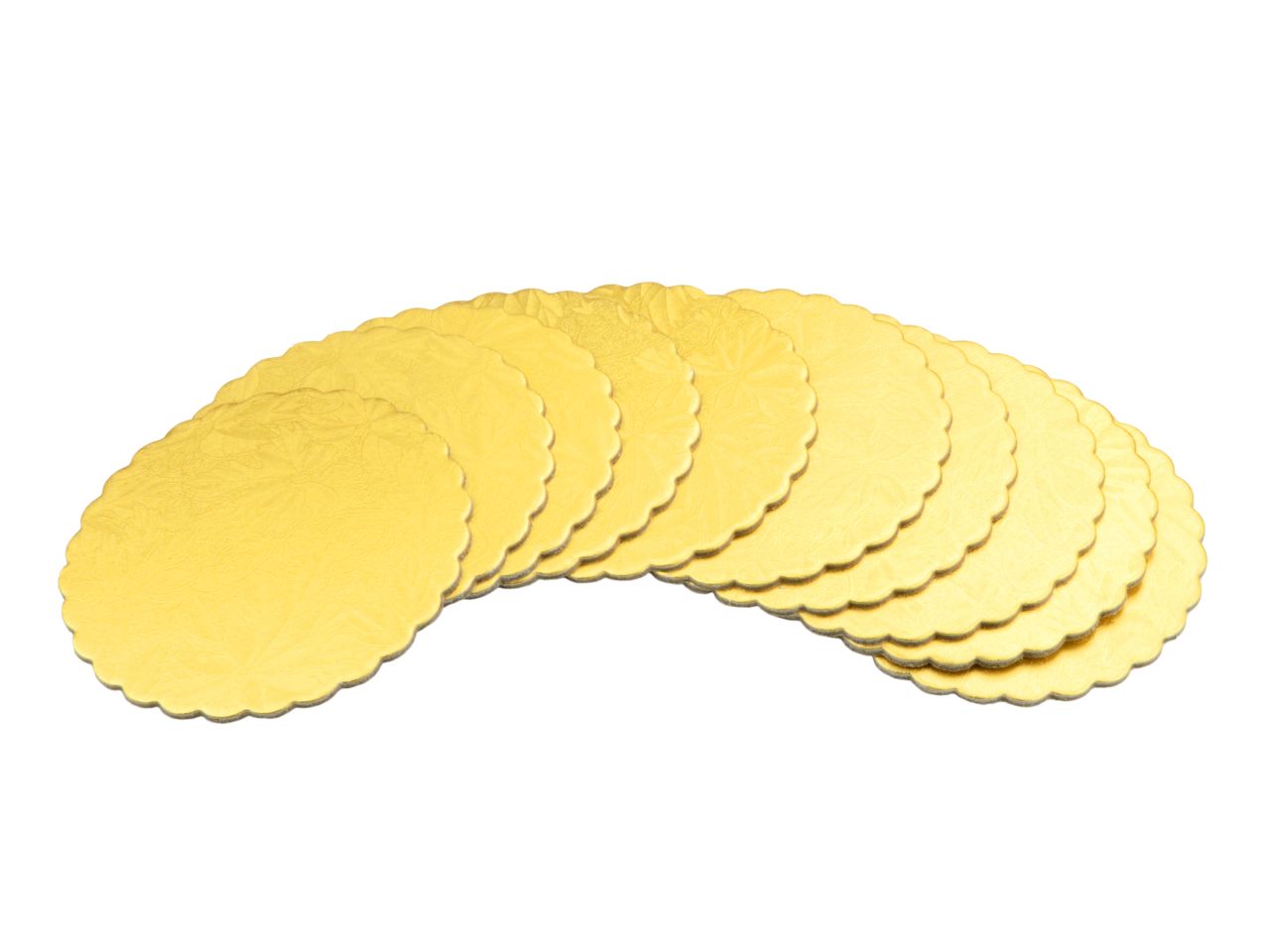 Cakeboard: Gold mit Blatt-Dekor, 10 Stück à 10 cm, 1,5 mm