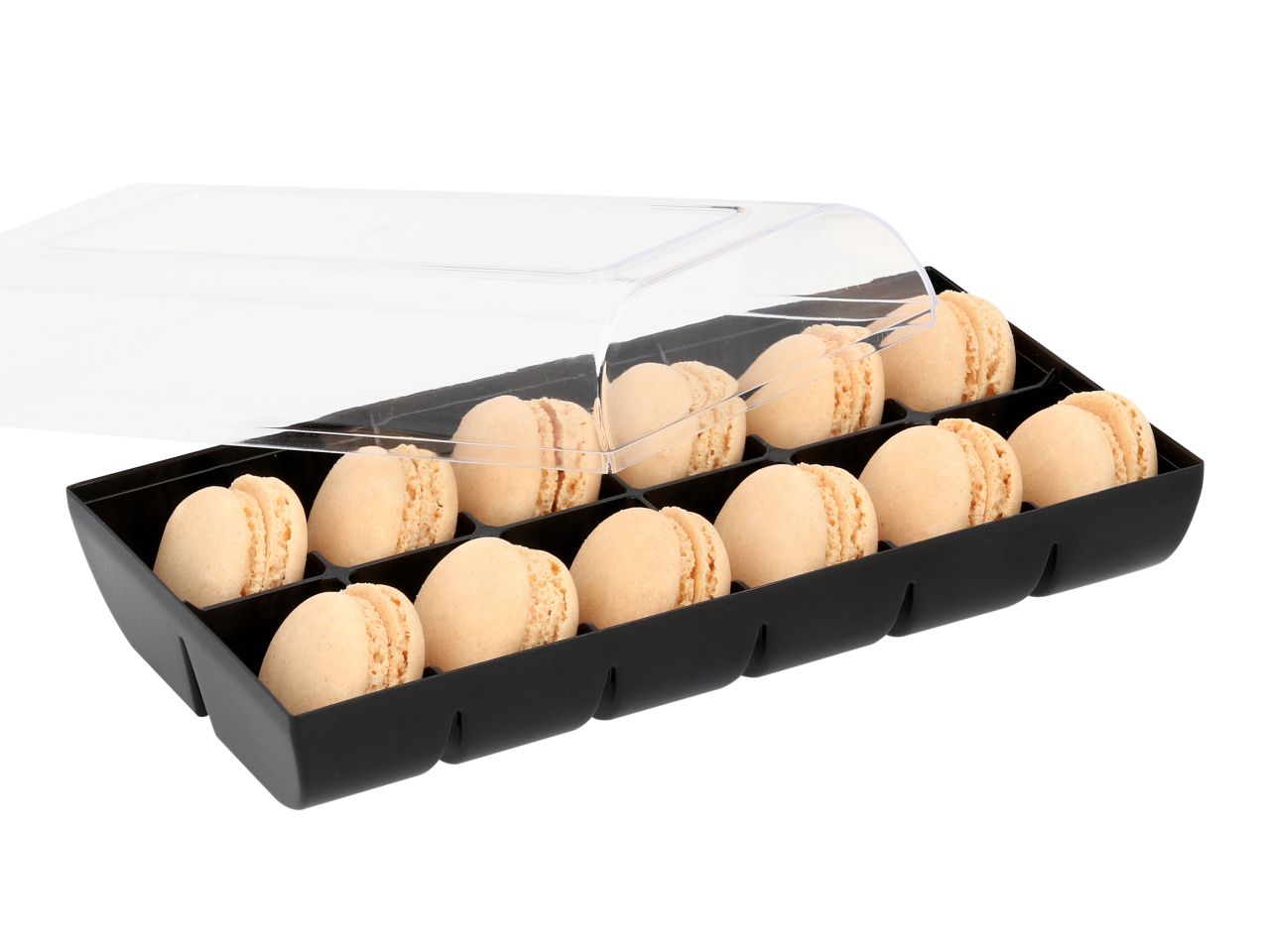 Macaron-Halbschalen, 24 Stück champagner in 12er Box schwarz