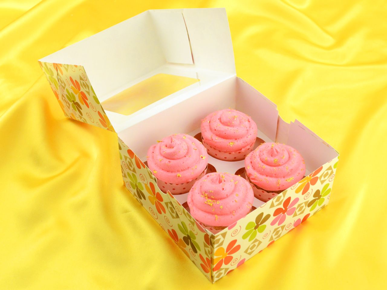 Cupcake Box: Blumen, mit Einsatz für 4 Muffins, Pappe, bunt, 2er-Set à 16 x 16 x 7,5 cm