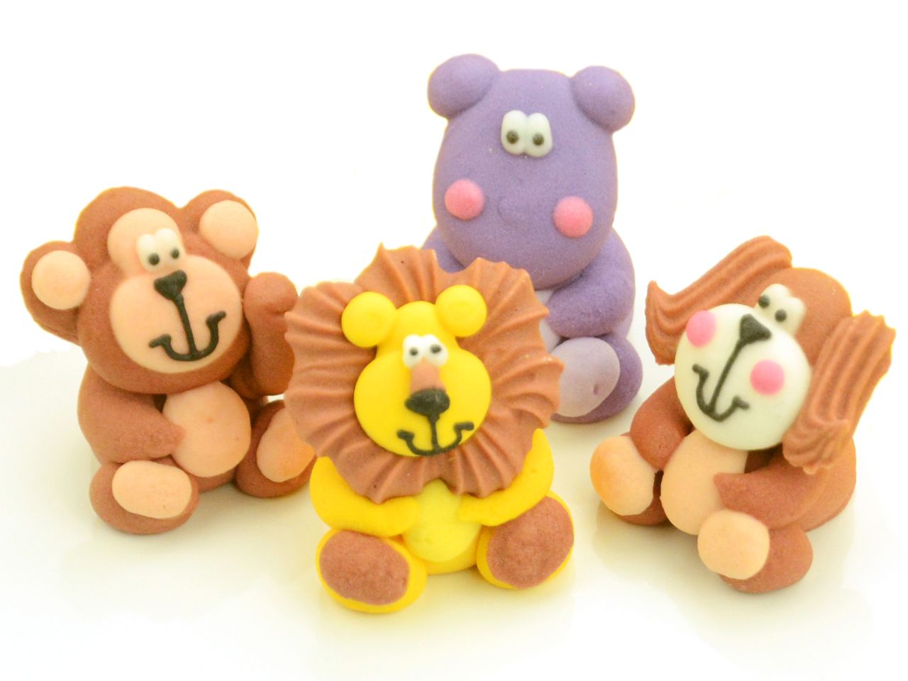 Zuckerfiguren Sitzende Tiere, Affe, Löwe, Hund & Nilfpferd à 25 x 30 mm