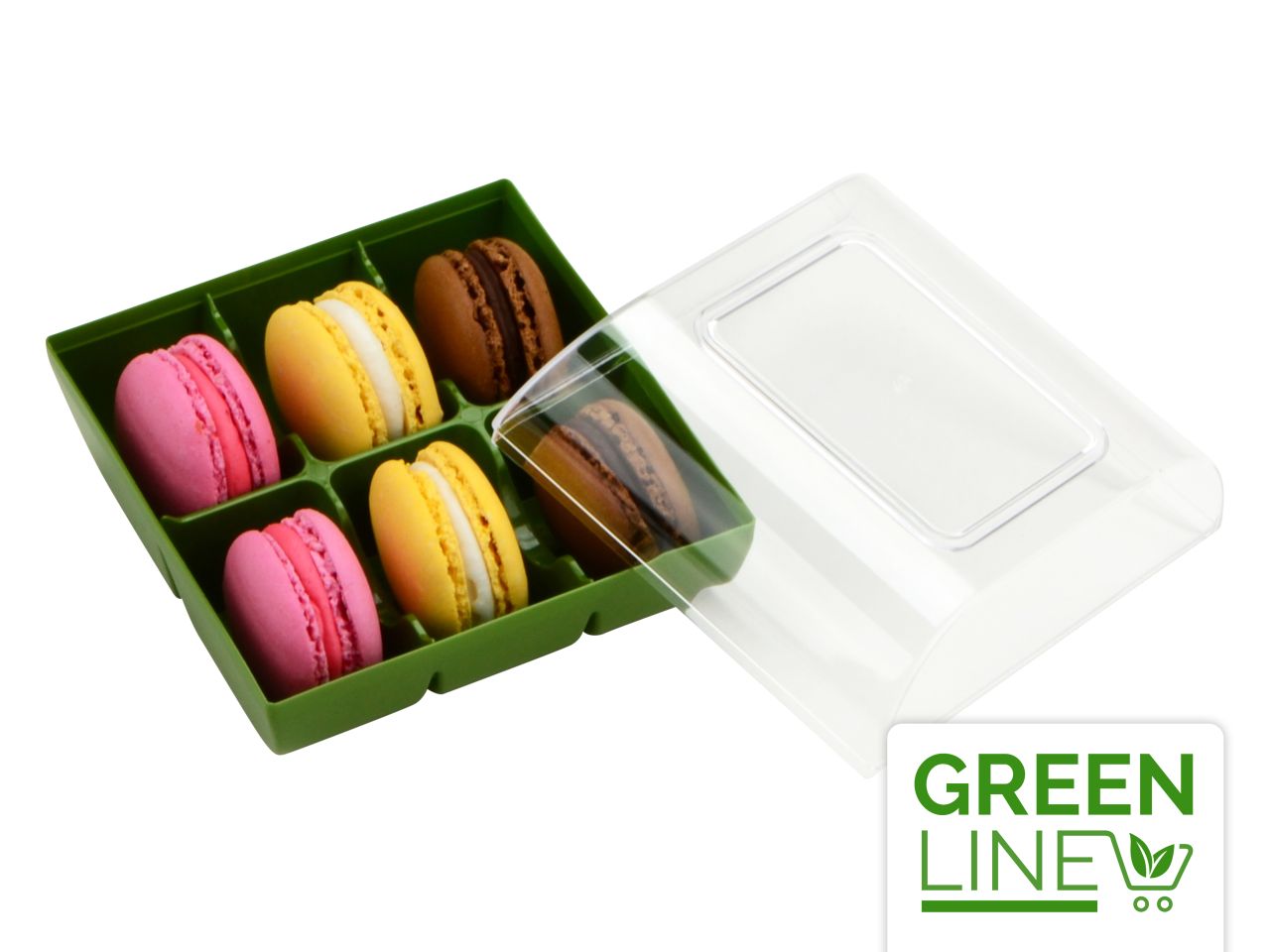 Macarons-Verpackung: Grün, Kunststoff, Olive & transparent, für 6 Macarons, 9,9 x 9,4 x 5,3 cm