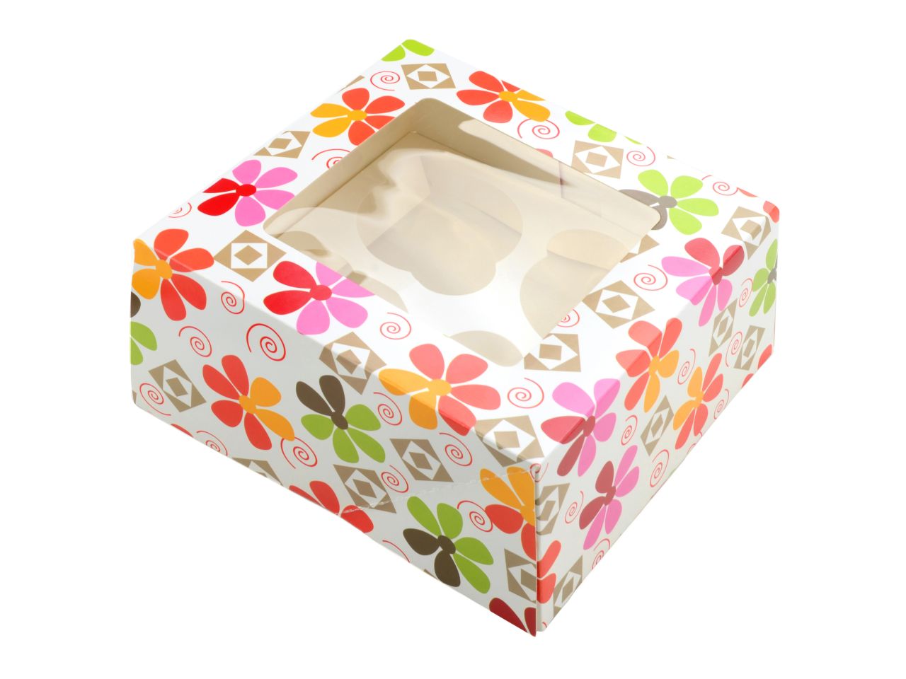 Cupcake Box: Blumen, mit Einsatz für 4 Muffins, Pappe, bunt, 2er-Set á 16 x 16 x 7,5 cm