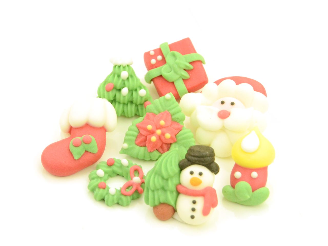 Zuckerfiguren: Weihnachtsdekore, 8 Designs, Grün, Rot & Weiß, 100 Stück à 30 x 25 x 7 mm