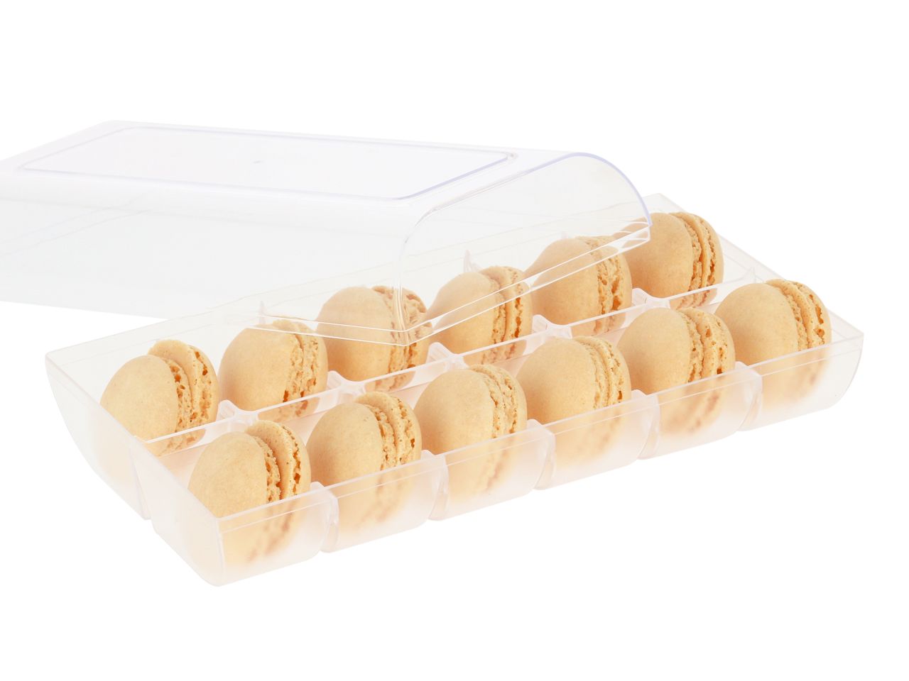 Macaron-Halbschalen, 24 Stück champagner in 12er Box transparent