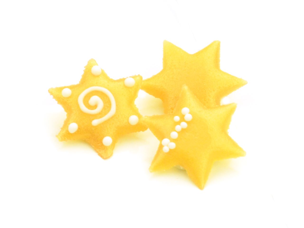 Marzipan-Dekor: Sterne, 3 Designs, Gelb & Weiß, 10 Stück à 30 x 3 mm