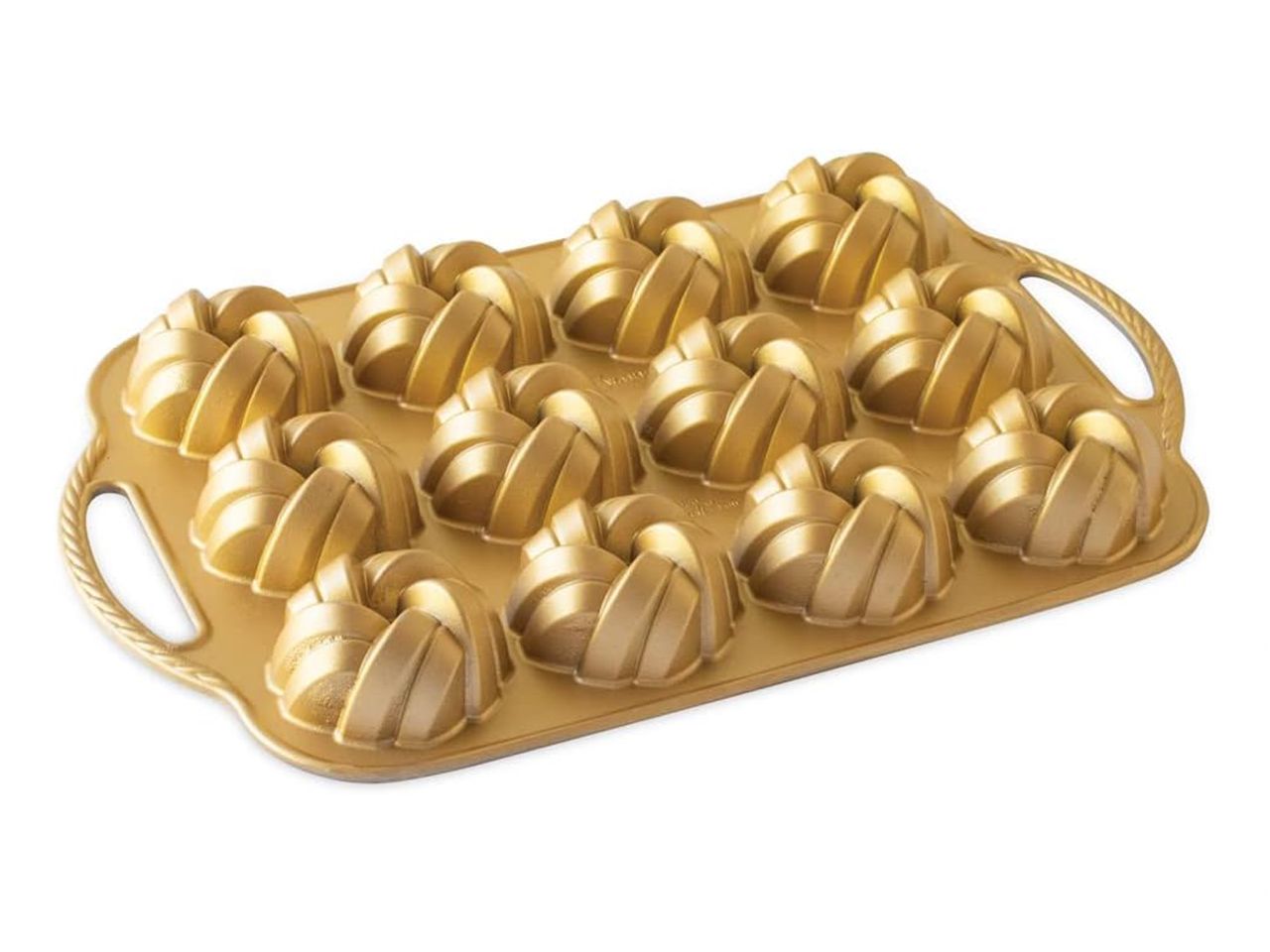 Nordic Ware: Aluguss-Backform 75th Anniversary Braided Mini-Bundt, Antihaft, 800 ml, 12 Mulden à 6,5 x 3,5 cm