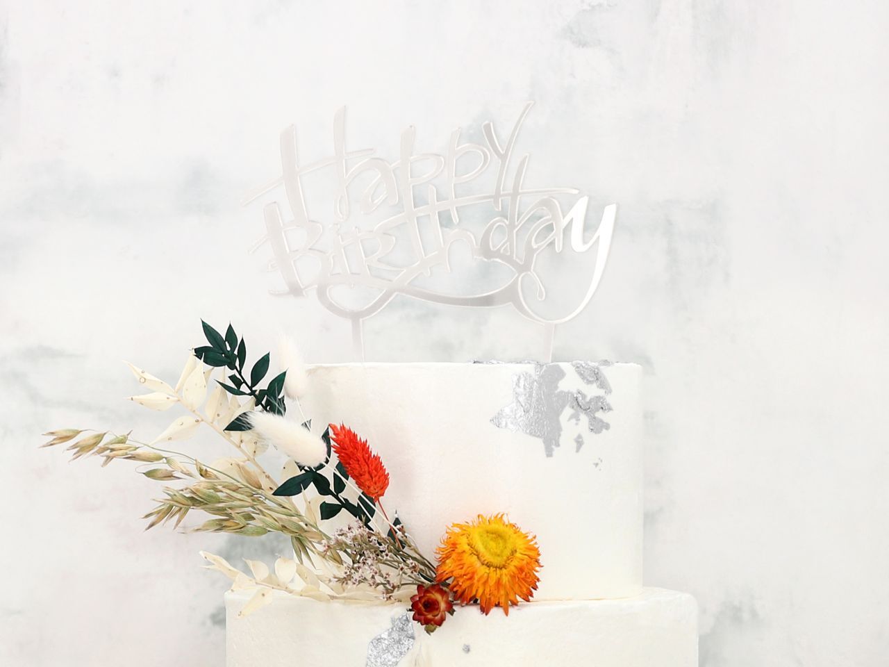 Cake Topper: Happy Birthday, glänzendes Silber, 15 x 15 cm