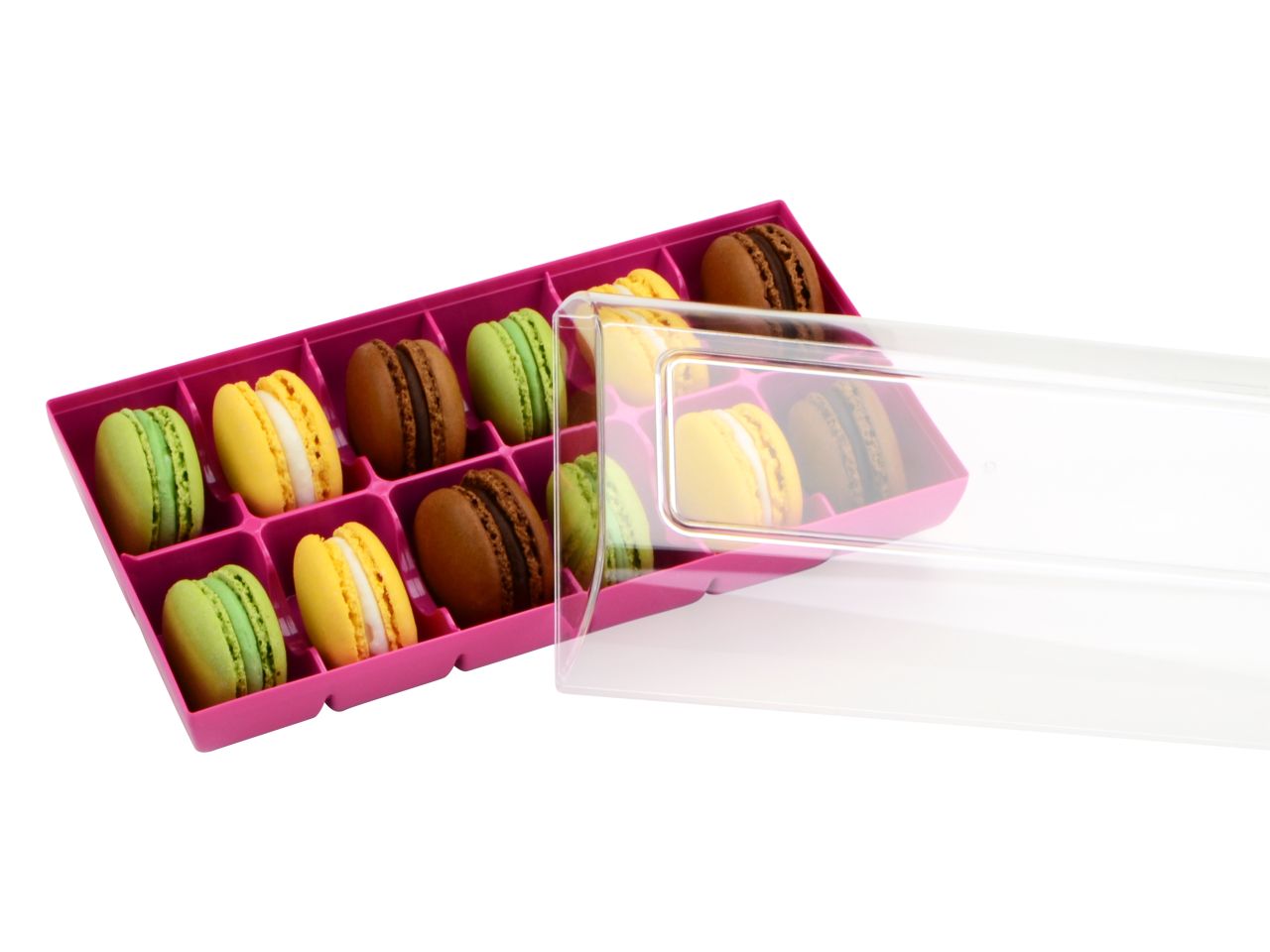 Macarons-Verpackung: Fuchsia, Kunststoff, Violett & transparent, für 12 Macarons, 18,4 x 9,4 x 5,3 cm