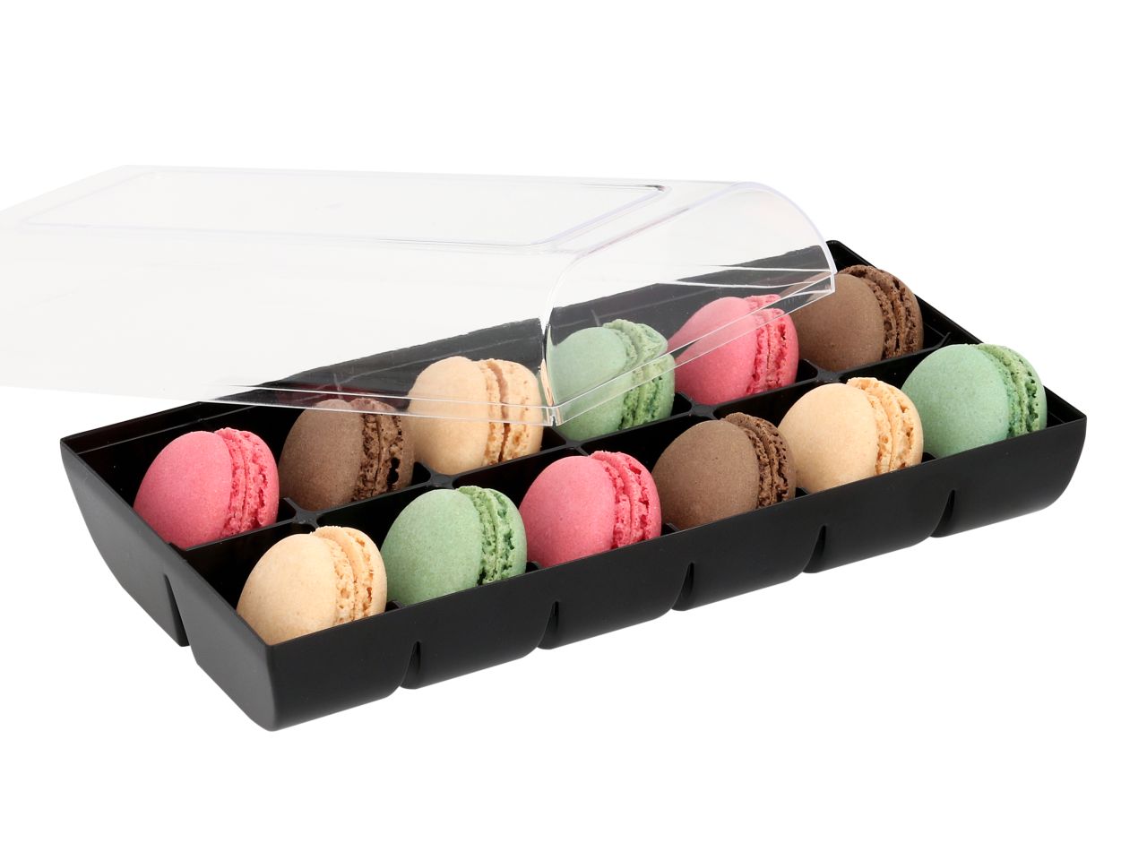 Macaron-Halbschalen, 24 Stück bunt in 12er Box schwarz