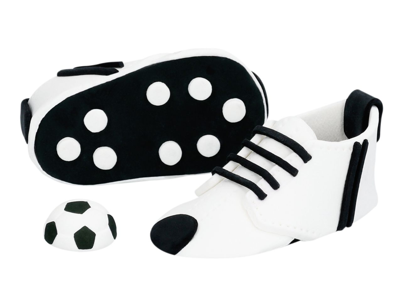 3D-Zuckerfigur Fußballschuhe, Schwarz & Weiß, 3-teilig, Schuhe: 8 x 4,5 x 3,5 cm, Fußball: ca. 2,4 cm