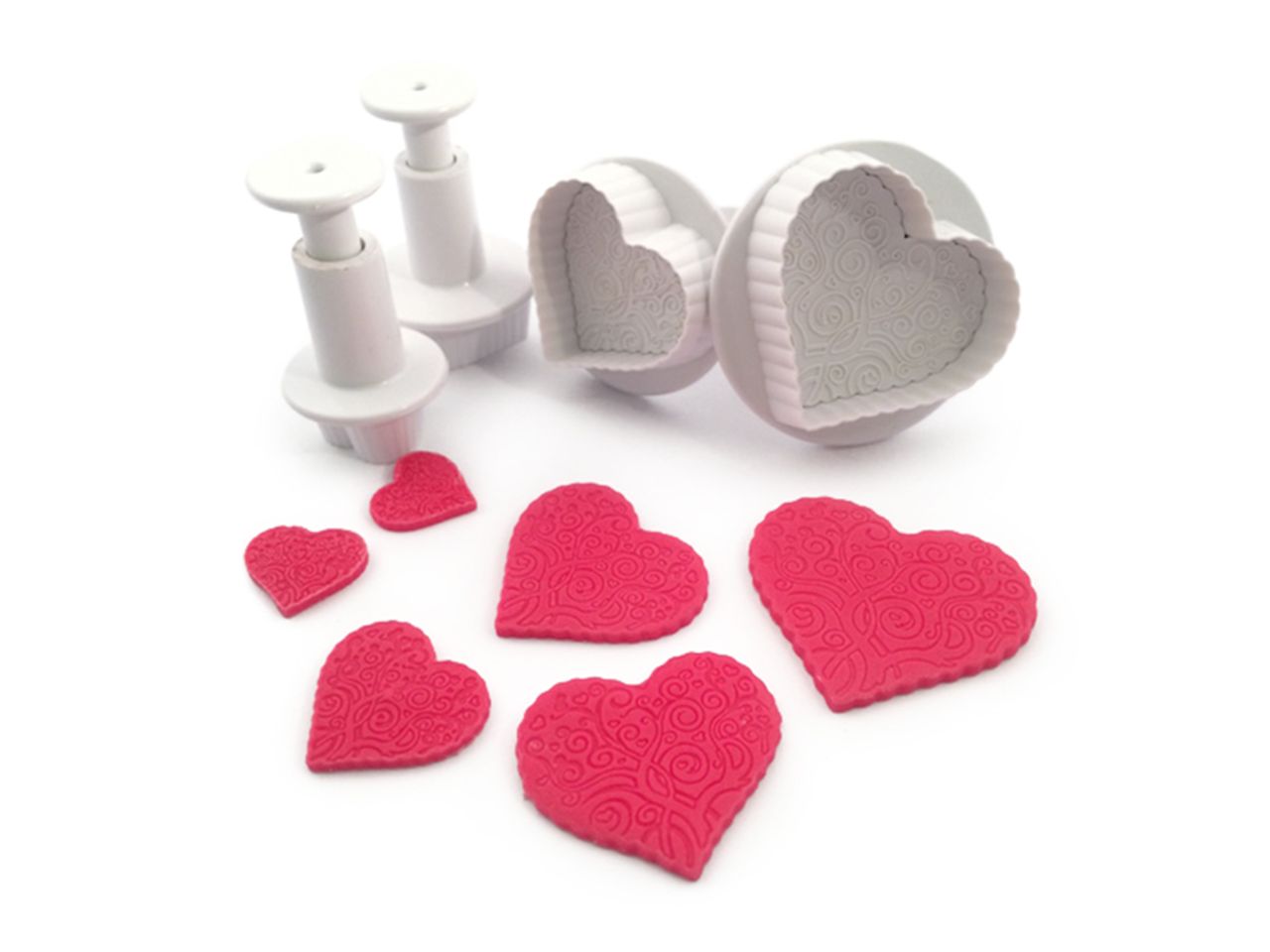 DEKOFEE Ausstecher-Set mit Stempel: Herzen mit Muster, Kunststoff, Weiß, 4er-Set