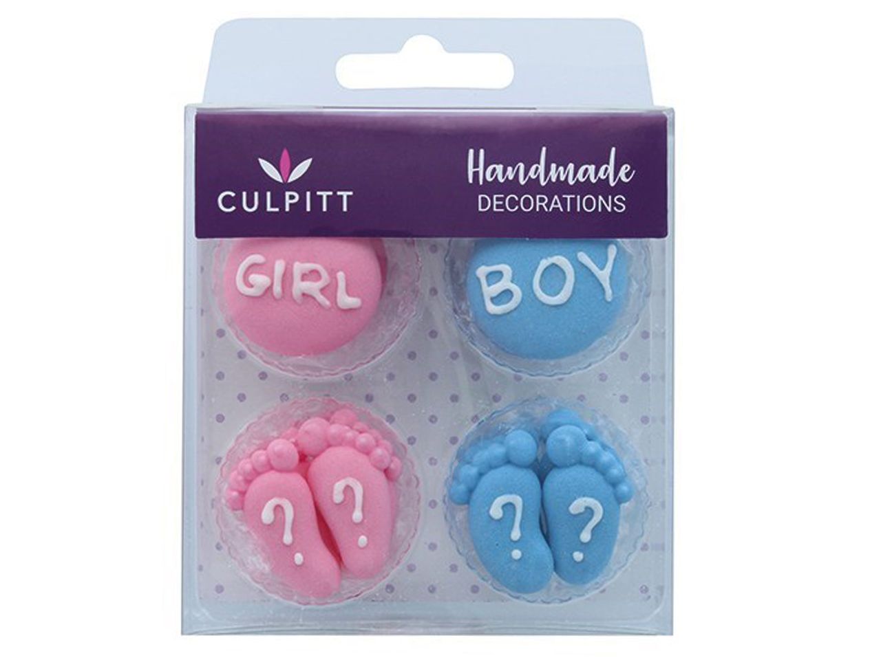 Culpitt: Zuckerdekor Gender Reveal, Blau & Rosa, 12er-Set, Buttons: 25 mm, Füße: 27 x 15 mm