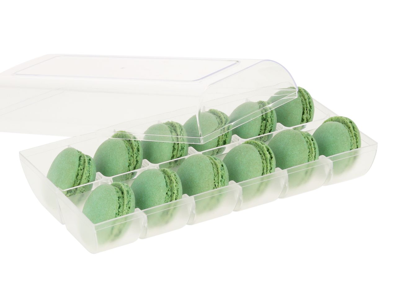 Macaron-Halbschalen, 24 Stück grün in 12er Box transparent