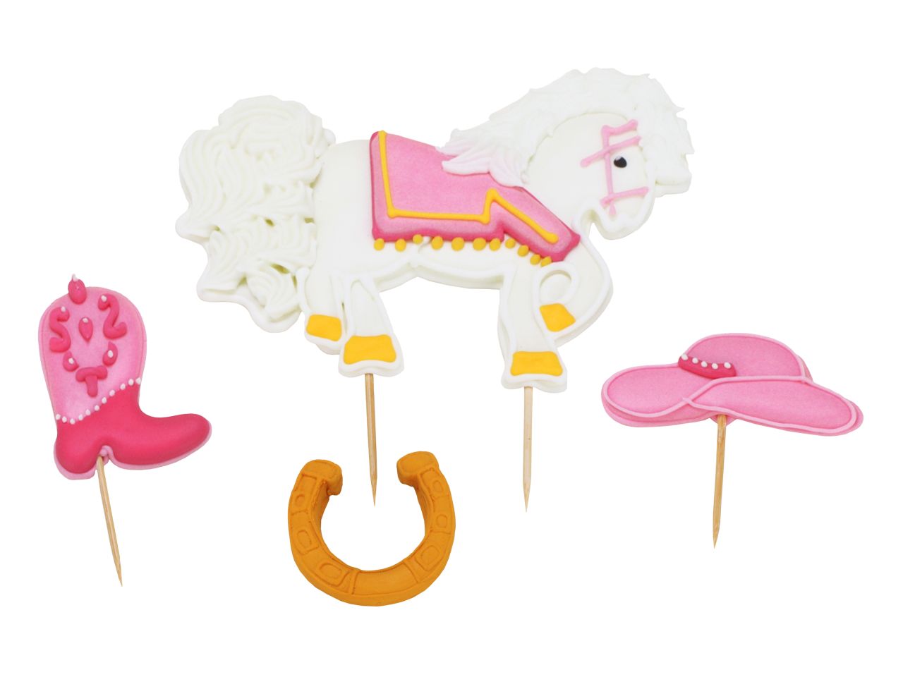 Zuckerdekor Pferde-Set, Pink & Weiß, 4 Designs (Pferd, Stiefel, Hut, Hufeisen)
