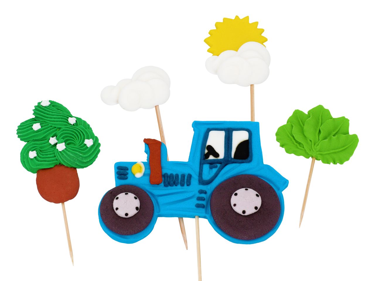 Zuckerdekor Traktor-Set, 5 Designs (Traktor, Pflanzen, Sonne, Wolken)