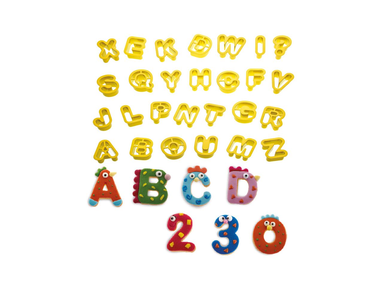 Ausstecher-Set: Buchstaben und Zahlen, Kunststoff, 36er-Set, 2 x 1,6 cm