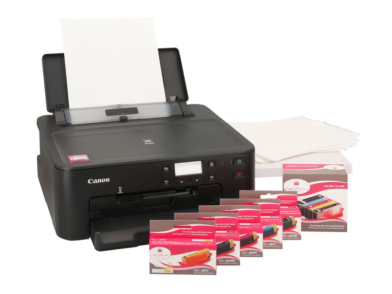 CANON: Zertifiziertes Lebensmitteldrucker-Komplett-Set mit Patronen + Reinigungsset + 25 x Fondantpapier A4