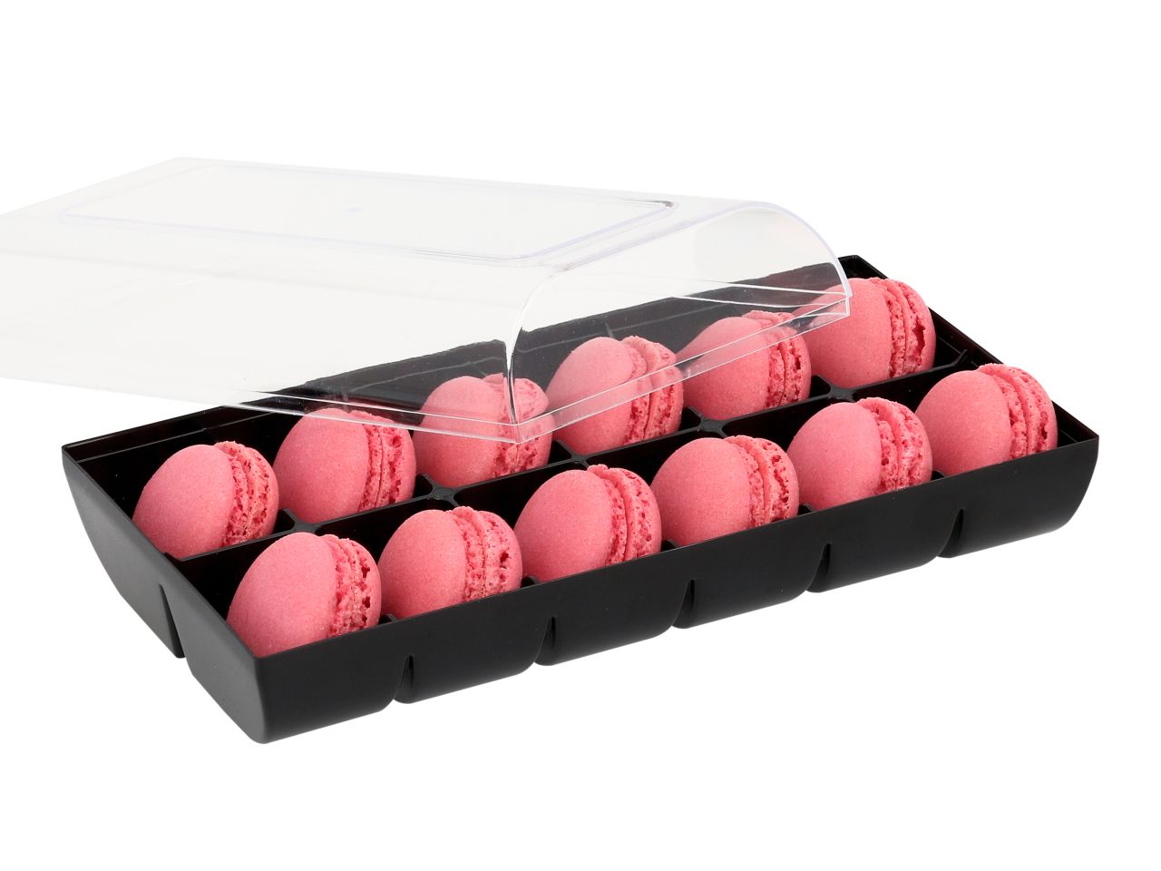 Macaron-Halbschalen, 24 Stück rot in 12er Box schwarz