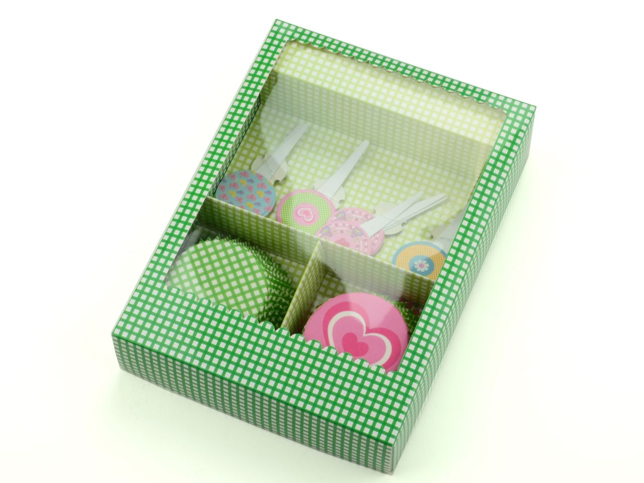 Cupcake-Dekor-Set: Picknick, Papier, Grün & Pink, 24 Förmchen á 5 cm + 12 Topper
