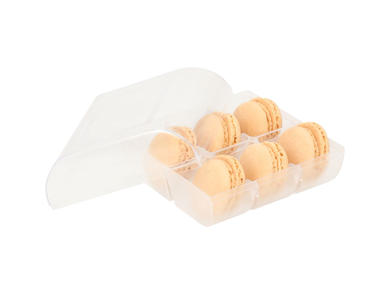 Macaron-Halbschalen, 12 Stück champagner in 6er Box transparent