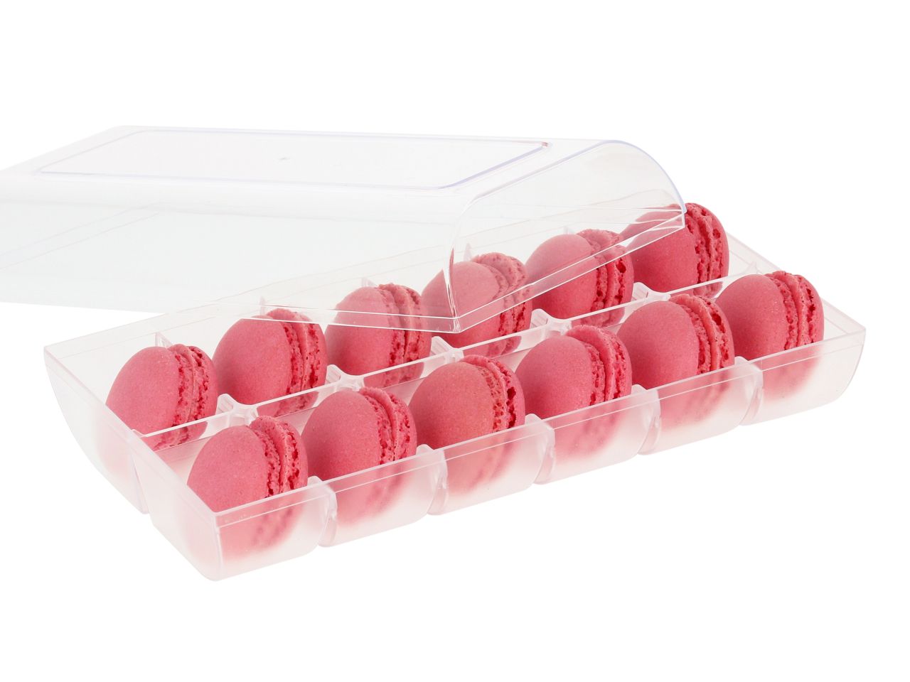 Macaron-Halbschalen, 24 Stück rot in 12er Box transparent